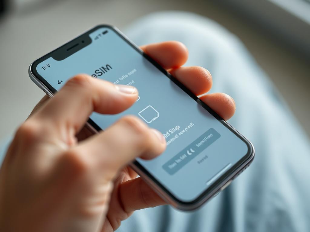 A close up shot of a smartphone displaying an eSIM