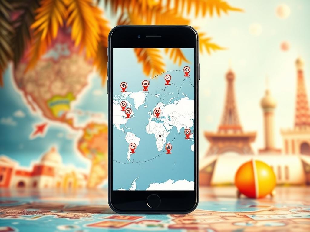 A smartphone displaying a map with connectivity icons, set against a vibrant travel-themed background. The image should be bright and inviting, showcasing the idea of global connectivity. Use warm colors to evoke a sense of adventure.