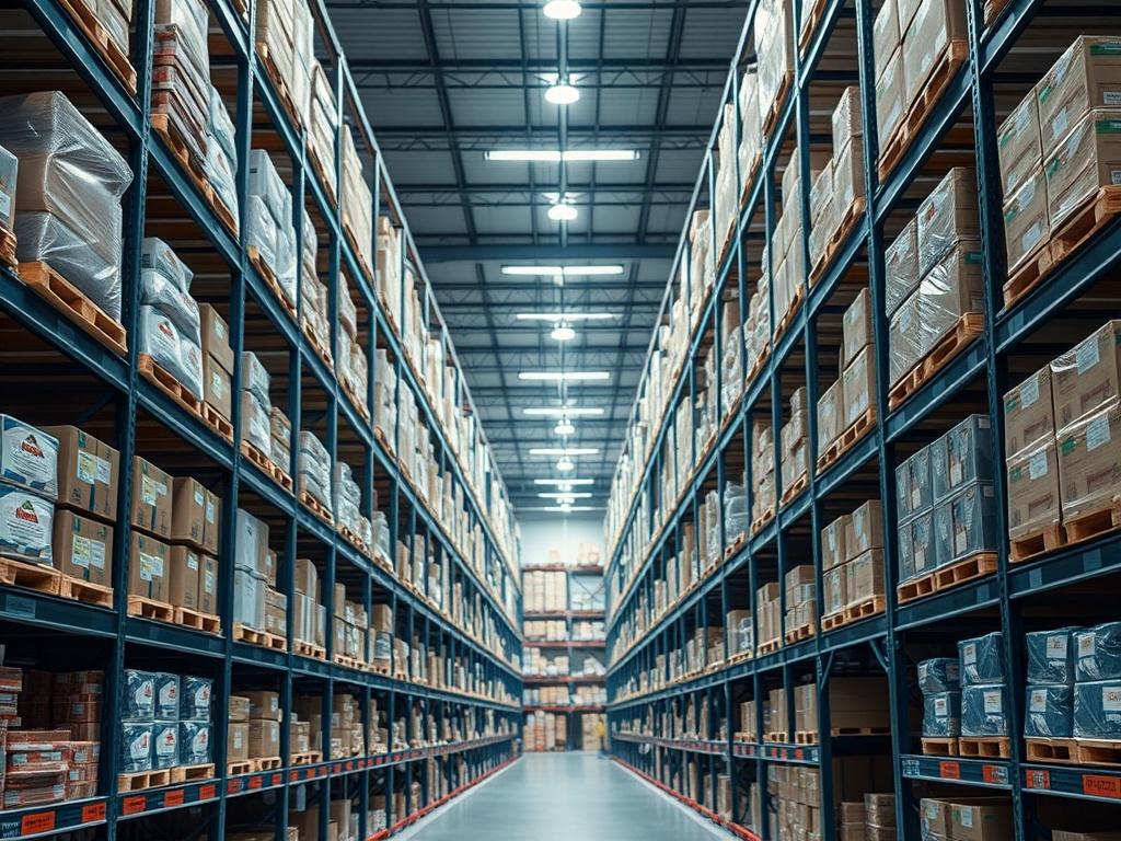 A hyper-realistic close-up shot of a modern warehouse interior, featuring neatly organized shelves stocked with various goods. The lighting highlights the cleanliness and order of the facility, conveying a sense of security and efficiency in warehousing operations.