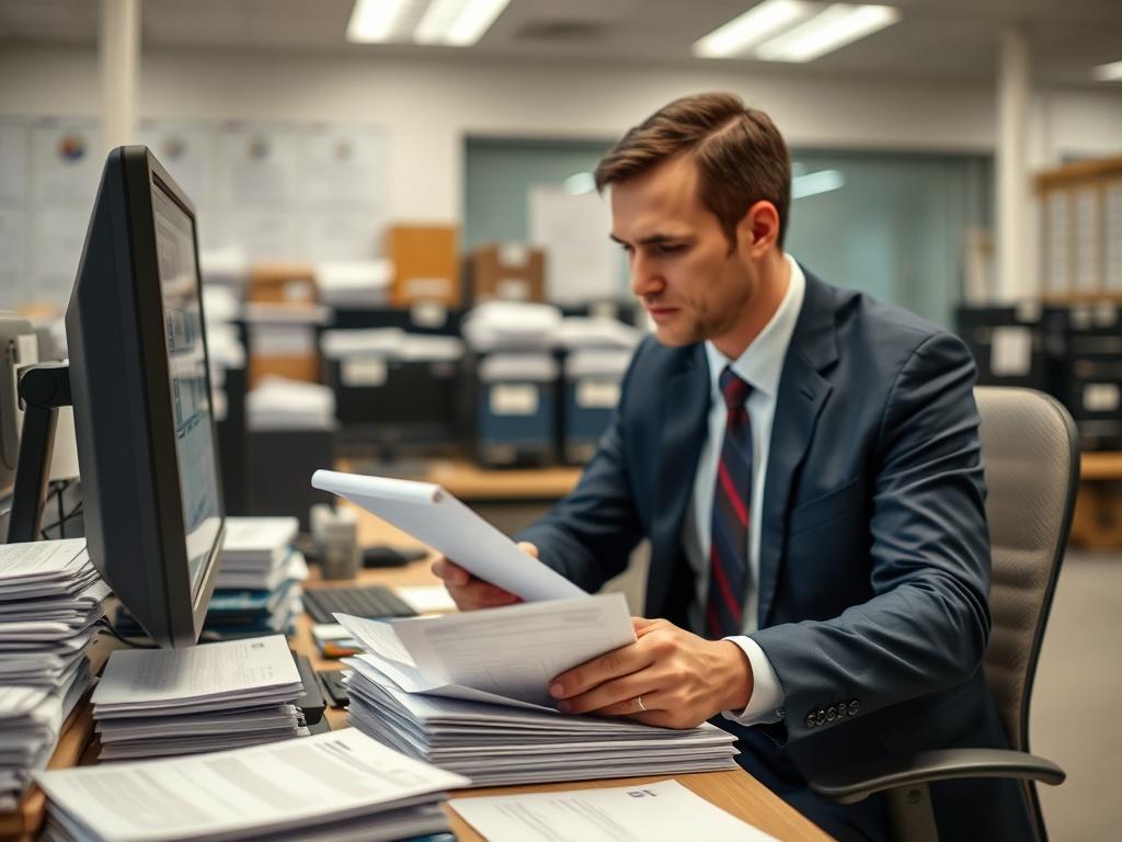 A detailed close-up shot of a customs clearance office with stacks of paperwork, a computer with customs software visible, and a professional in business attire reviewing documents. The background should be well-organized, representing efficiency and professionalism in customs handling.