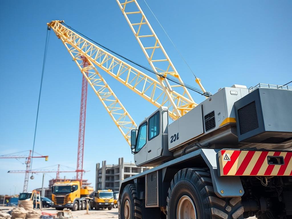 A high-resolution image of a mobile crane in a construction site setting, showcasing its robust structure and capabilities. The crane should be the central focus, set against a clear blue sky. The background should include a construction site with various activities happening, but the crane should stand out prominently. The image should be shot with a 45mm f/1.2 lens style to emphasize the crane with a shallow depth of field.