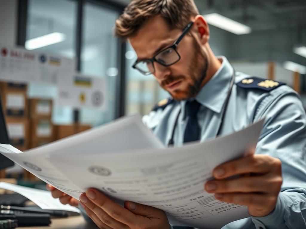 A high-resolution close-up of a customs officer reviewing documents in an office setting, with logistics paperwork and stamps visible. The officer should be the central focus, conveying professionalism and attention to detail, shot with a 45mm f/1.2 lens.
