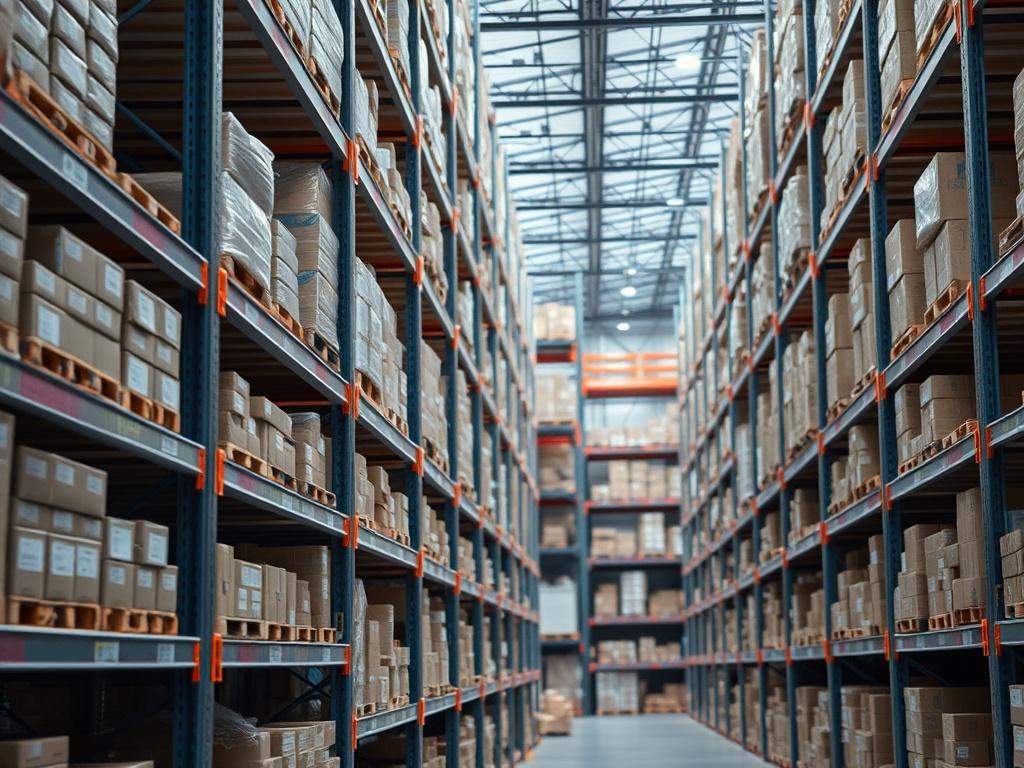 A high-resolution close-up of a modern warehouse interior showcasing neatly organized shelves filled with goods. The focus should be on the organized layout and security features, illustrating a well-managed logistics environment, shot with a 45mm f/1.2 lens.
