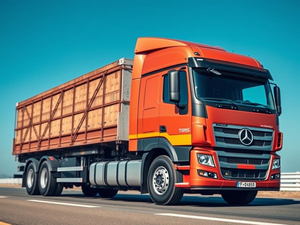 A high-resolution close-up of a modern logistics truck loaded with cargo, parked on a road with a clear blue sky in the background. The truck should be the sole focus, emphasizing its robust design and professionalism, shot with a 45mm f/1.2 lens.