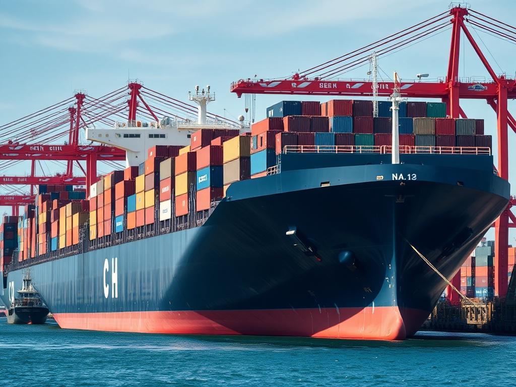A high-resolution photograph of a large cargo ship loaded with containers at a bustling port, with cranes in the background and a clear blue sky. The scene captures the essence of sea freight logistics, showcasing the scale and efficiency of maritime transportation. The image should be shot with a 45mm f/1.2 lens style to create a hyper-realistic focus on the cargo ship, highlighting its details while maintaining a soft background blur.