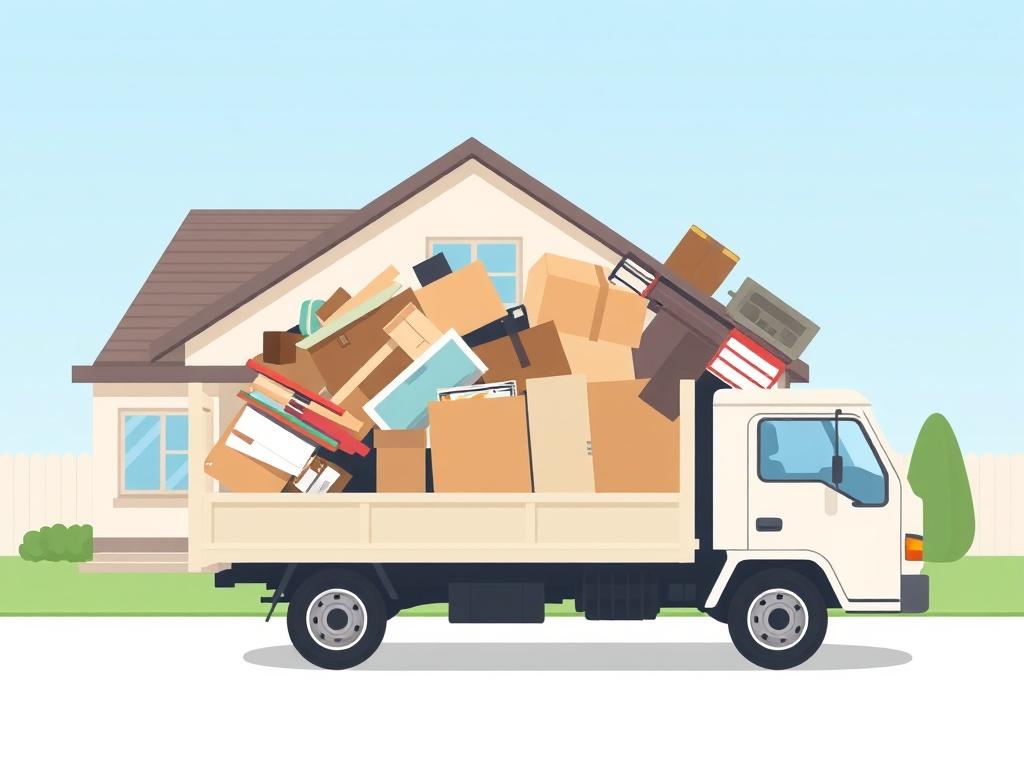 A clean, high-quality illustration depicting a truck filled with assorted junk items being removed from a house. The truck should be positioned outside a simple, modern home with a clear blue sky in the background. The truck is the main focus, showcasing various items such as furniture, boxes, and debris spilling slightly over the sides, emphasizing the junk removal service. The style should be minimalistic, using pastel colors, and there should be ample negative space around the subject to enhance clarity.