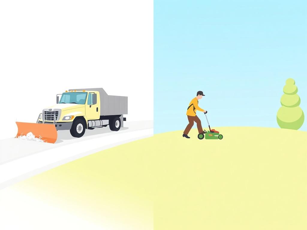 A hybrid illustration depicting both snow removal and lawn care in a clean and minimalistic style. On one side, a snow removal truck with a snow plow is clearing a driveway, surrounded by soft, white snow. On the other side, a lawn care professional is mowing a vibrant green lawn under a clear blue sky. The illustration should have a simple composition with a clear divide between the two scenes, using pastel colors and a clean background to emphasize the contrast between winter and summer services.