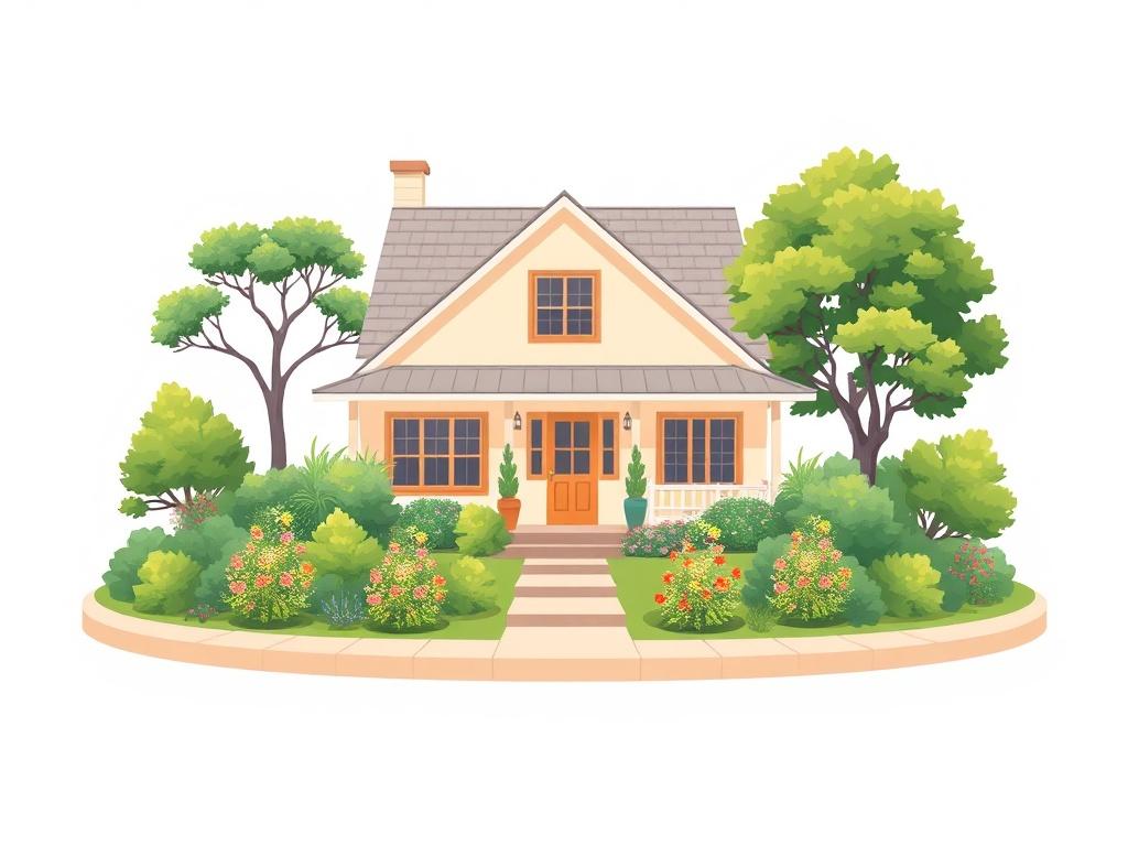 A high-quality illustration depicting a residential house project. The focus should be on a well-maintained house surrounded by a neatly landscaped garden, showcasing vibrant greenery and colorful flowers. The background should be simple and unobtrusive, emphasizing the beauty of the house and its surroundings. The style should be minimalistic, using pastel colors to create a calm and inviting atmosphere. No people should be present in the image.