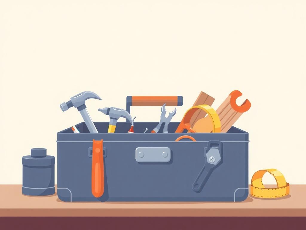 A high-quality illustration of a well-organized workspace featuring various tools and construction supplies. The scene should include a toolbox with open compartments displaying hammers, screwdrivers, and pliers, alongside a stack of lumber and a roll of measuring tape. The background should be minimalist with subtle pastel colors, emphasizing the tools and supplies in a clean, clear style.