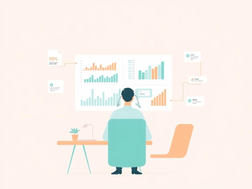 A minimalist illustration of a healthcare consultant analyzing data charts with a focus on improving operational efficiency in a behavioral health organization. The consultant is surrounded by graphs and operational flow diagrams in a clean, pastel color palette, emphasizing clarity and simplicity.