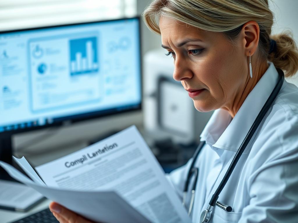 A close up shot of a compliance officer reviewing regulations