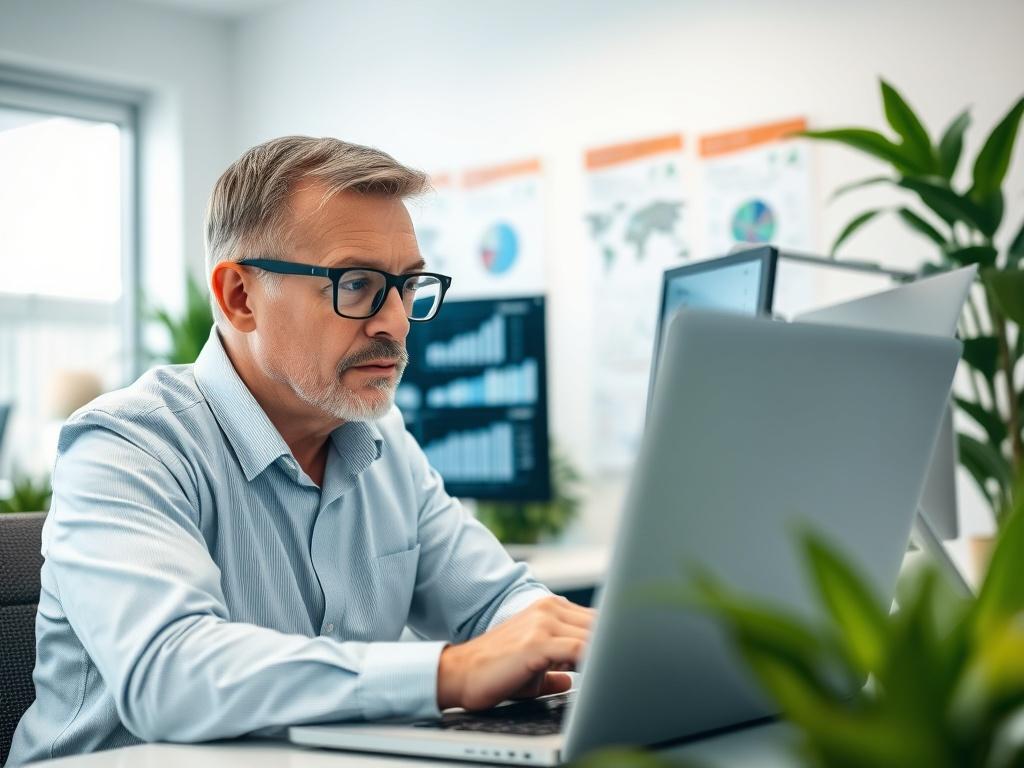 A focused consultant analyzing data on a laptop in a