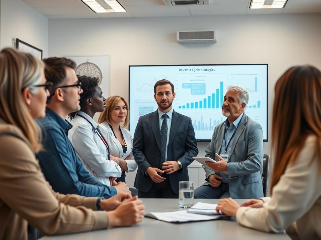 A consultant discussing revenue cycle strategies with a healthcare team