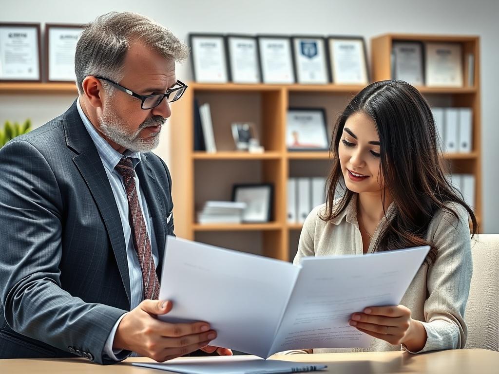 A professional consultant reviewing compliance documents with a healthcare administrator