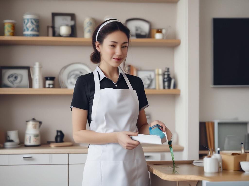 A professional maid in uniform, actively cleaning a bright and