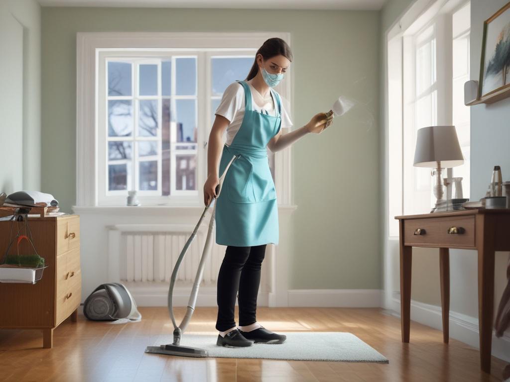 A maid cleaning an empty apartment room, with a focus