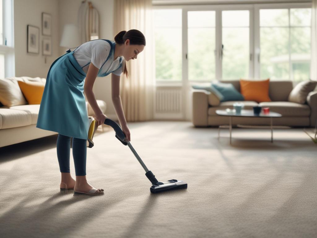 A professional maid diligently cleaning a living room, focusing on