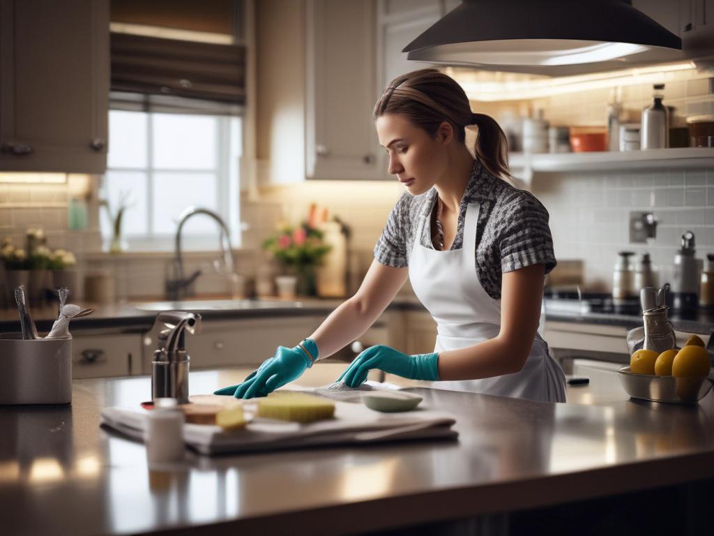 A close up of a maid scrubbing a kitchen countertop,