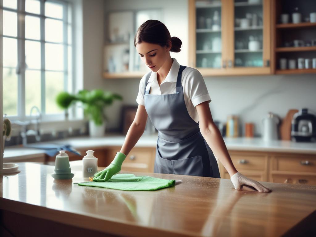 A close up shot of a maid cleaning a kitchen
