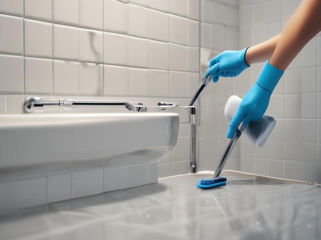 A close up of a maid scrubbing a bathroom tile