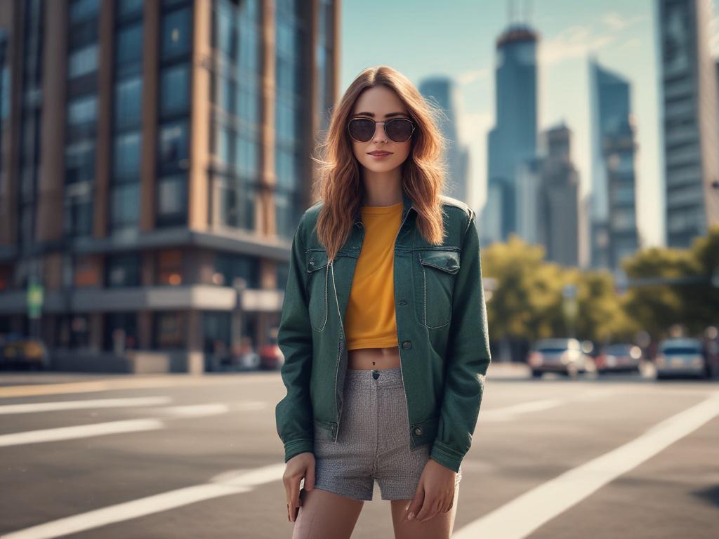 A stunning young woman in a fashionable outfit, smiling confidently