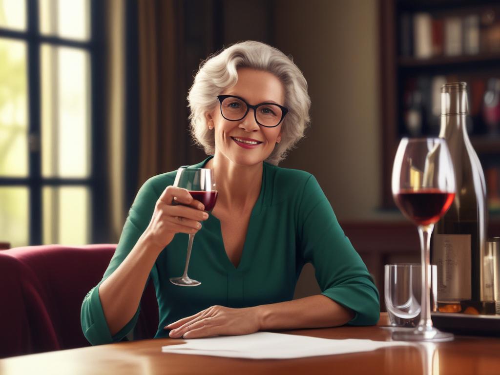 A sophisticated mature woman with an elegant style, enjoying a