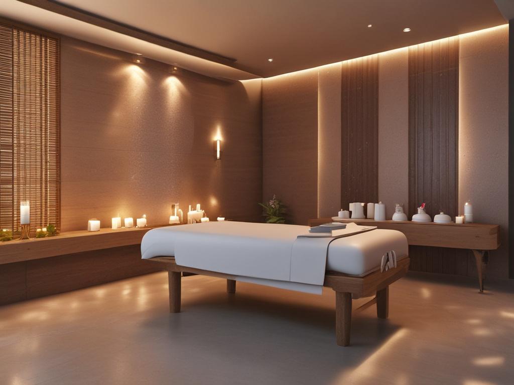 A serene and luxurious massage room, with dim lighting and