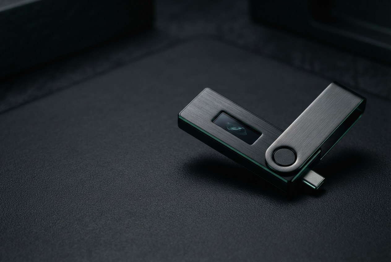 Premium black hardware wallet with a brushed metal cover on a dark surface