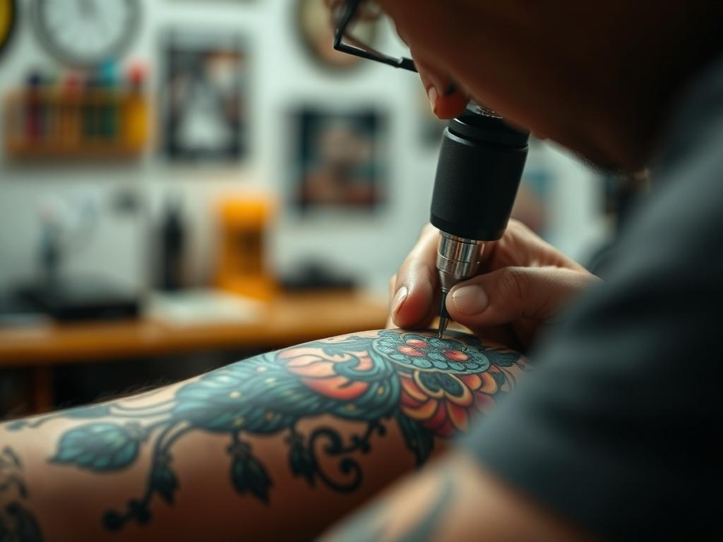 A close-up shot of a custom tattoo design being created on skin, showcasing intricate details and vibrant colors. The background is softly blurred, focusing on the artist's hand working with a tattoo machine. The setting is a clean, well-lit tattoo studio, emphasizing professionalism and artistry.