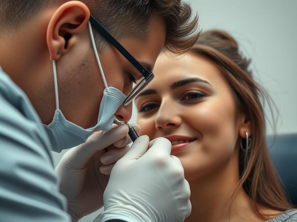 A close-up shot of a professional piercer performing a piercing on a client's earlobe. The focus is on the precision and care taken by the piercer, with a clean and sterile environment in the background. The client looks relaxed and confident, emphasizing a positive experience.