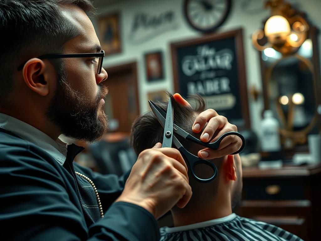 A close-up shot of a barber skillfully cutting a client’s hair with scissors, capturing the focus and artistry involved in the process. The background is a stylish barber shop with vintage decor, emphasizing a welcoming and professional atmosphere.
