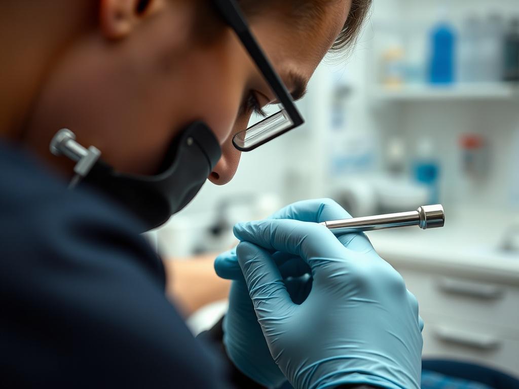 A close-up shot of a professional piercer performing a piercing on a client. The focus is on the piercer's hands as they carefully insert the jewelry, showcasing attention to detail and professionalism. The background features a clean, well-organized piercing studio, highlighting the sterile environment.