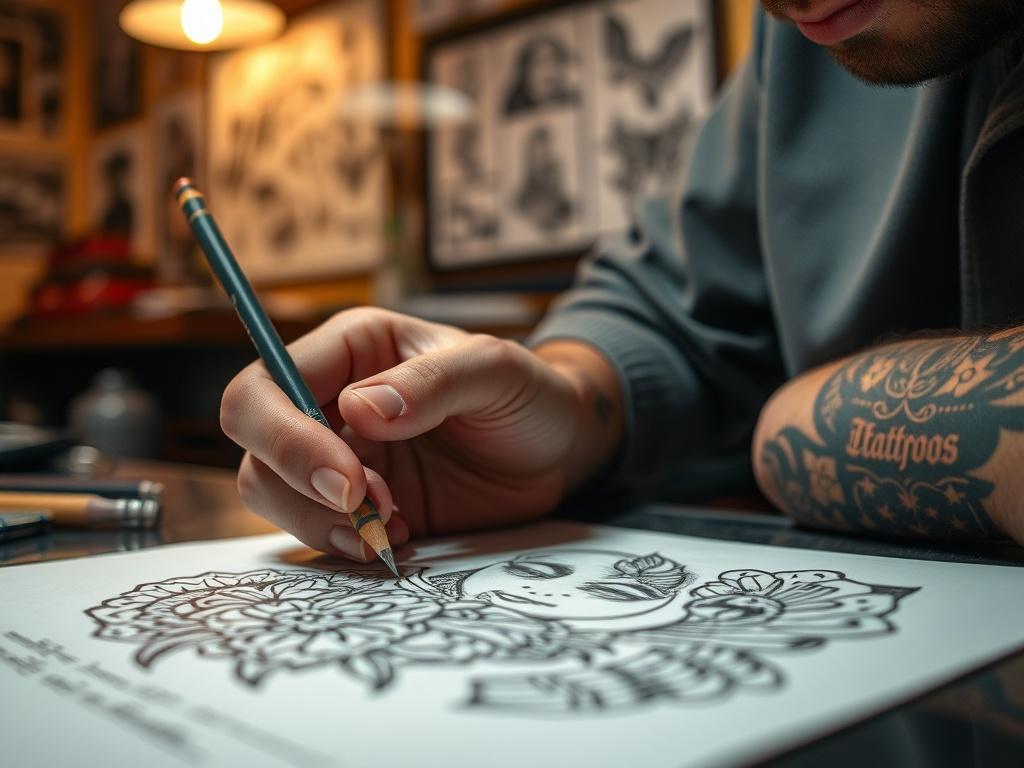 A close-up shot of a tattoo artist sketching a personalized tattoo design on paper. The artist's hand is visible, holding a pencil, with intricate details of various tattoo designs in the background. The setting is an inviting tattoo studio with warm lighting, showcasing a blend of creativity and professionalism.