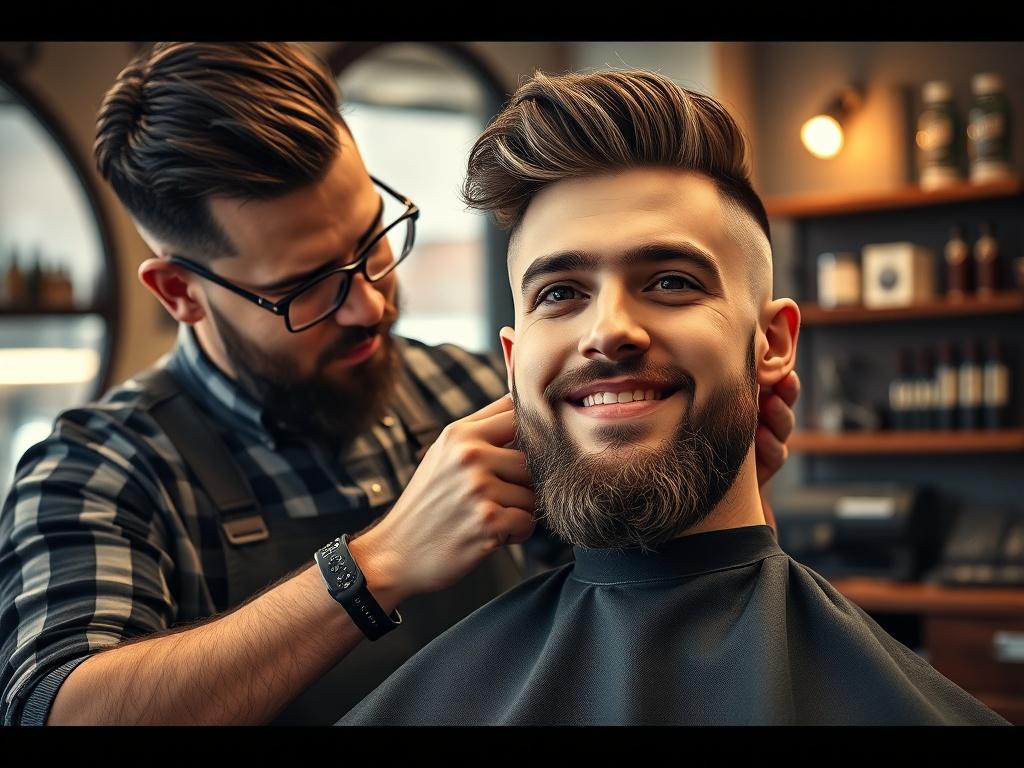 A close-up shot of a barber giving a stylish haircut to a client in a modern barbershop setting. The barber is focused, showing dedication to their craft, while the client looks relaxed and satisfied. The background features vintage barber tools and a cozy, inviting atmosphere.