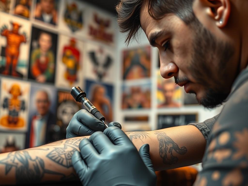 A close-up shot of a skilled tattoo artist working on a client's arm, showcasing intricate details of a tattoo design. The background is softly blurred to emphasize the artist's focused expression and the tattoo needle in action. The studio is well-lit, with tattoo art displayed on the walls in vibrant colors, creating an inviting atmosphere.