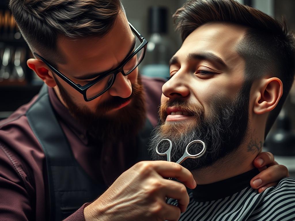 A close-up shot of a barber skillfully trimming a customer's beard with precision scissors. The barber's focused expression showcases expertise, while the customer appears relaxed and satisfied. The background features barbering tools and a well-organized workstation, emphasizing professionalism and style.