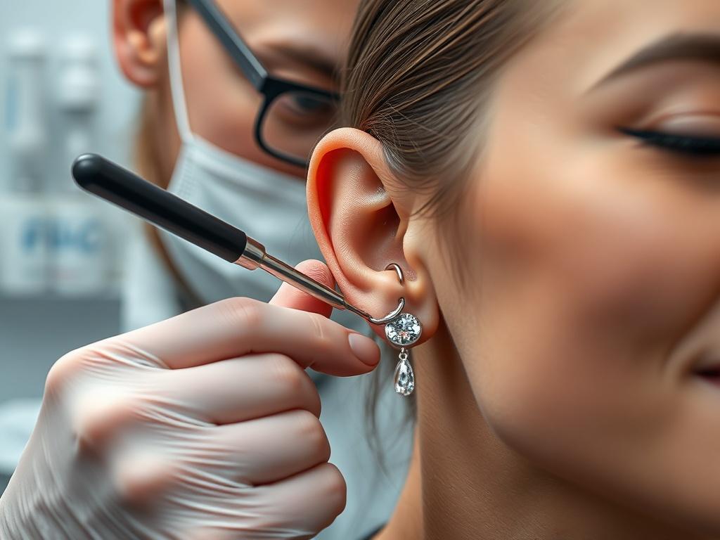 A close-up shot of an experienced piercer carefully piercing a customer's ear. The focus is on the piercing tool and the jewelry being inserted, with the customer's face reflecting calmness and trust. The background features a clean, organized workspace with sterilization equipment visible, enhancing the sense of professionalism and safety.