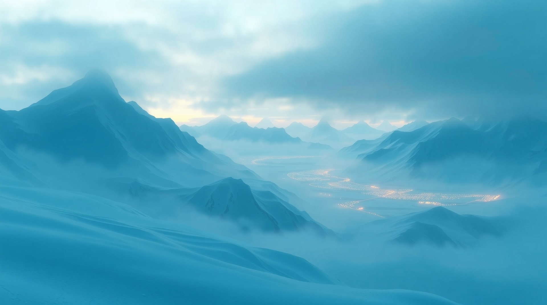 Majestic Svalbard arctic mountain landscape with blue winter light and distant city lights