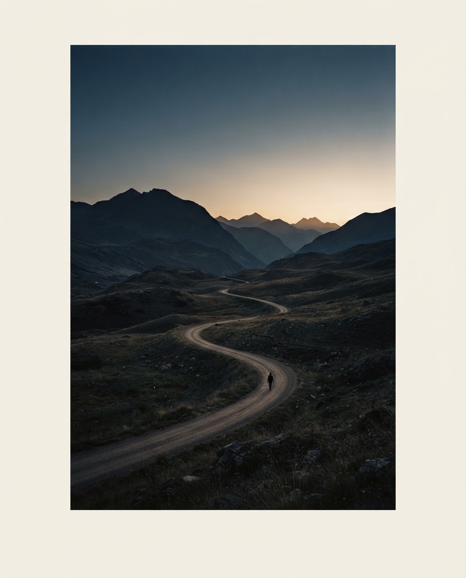 Illustrative fictional travel film concept showing a winding mountain road at dusk in slate blue and amber