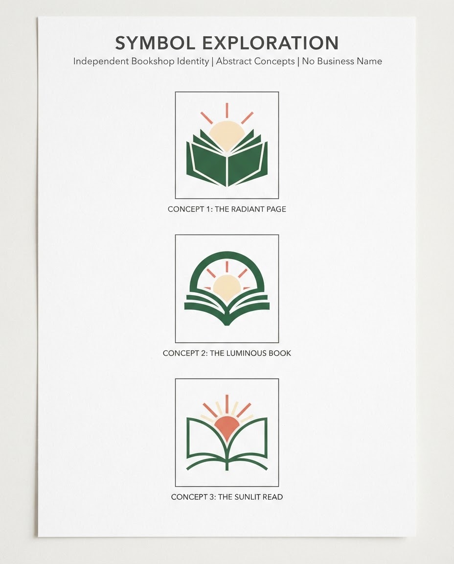 Illustrative fictional bookshop logo exploration in forest green, cream, and coral