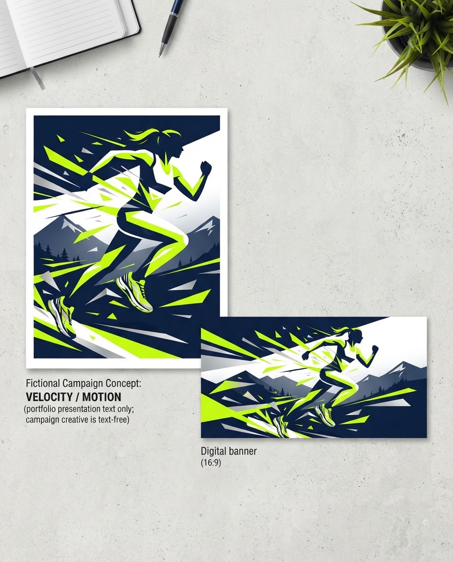 Illustrative fictional running shoe campaign in electric lime, navy, and white