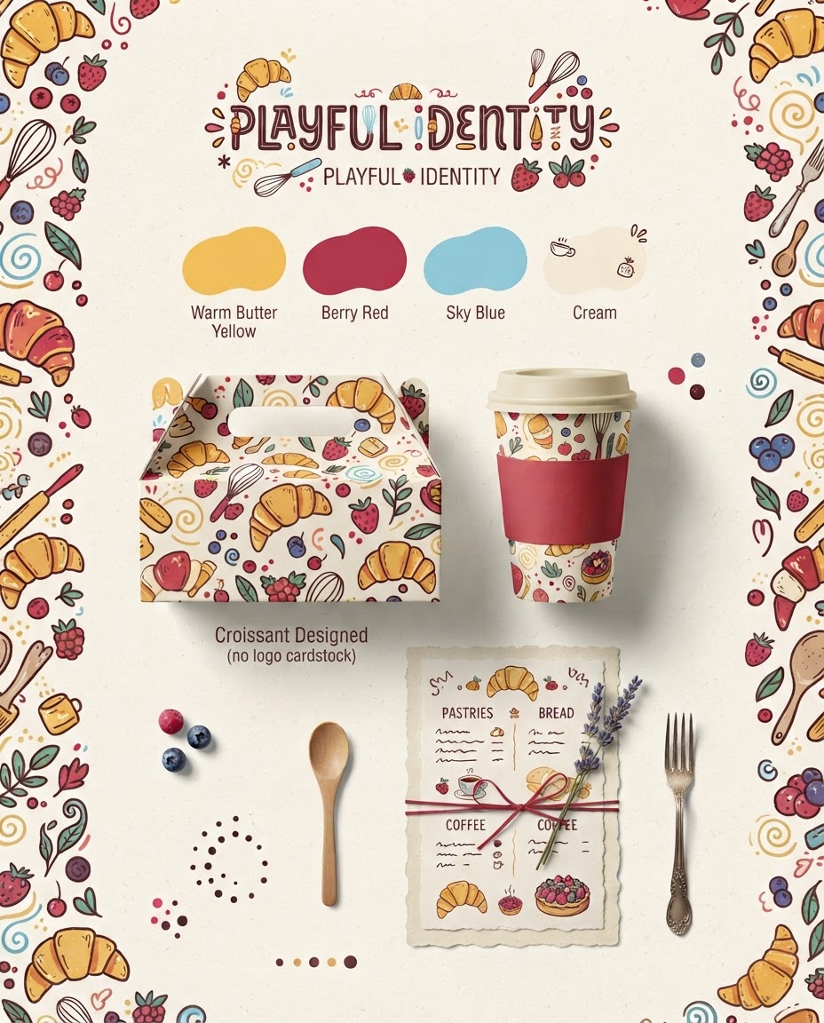 Illustrative fictional bakery identity board with colorful packaging in butter yellow, berry red, and sky blue