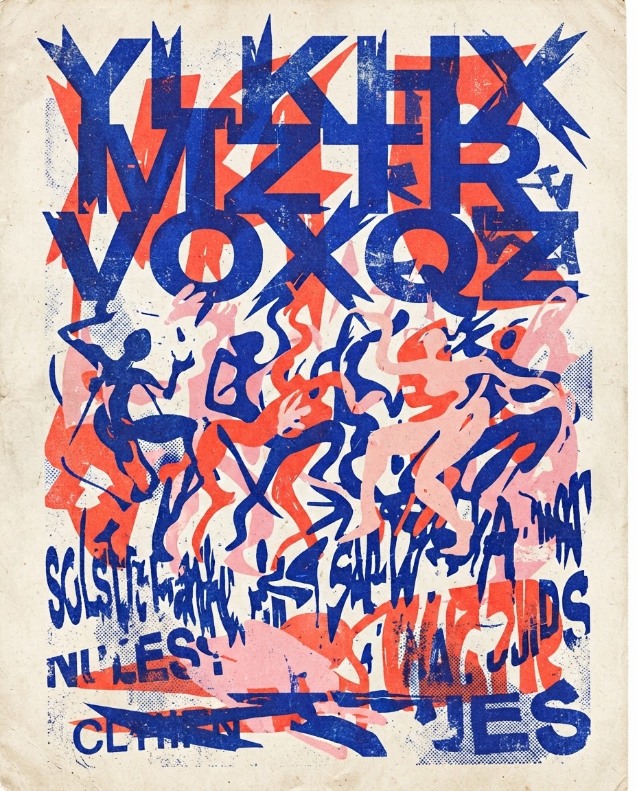 Illustrative fictional music festival poster in cobalt blue, coral, and pale pink