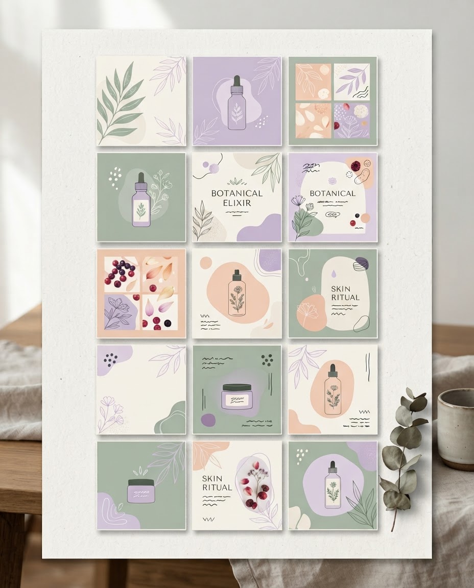 Illustrative fictional botanical skincare social media layouts in sage, lilac, and pale peach