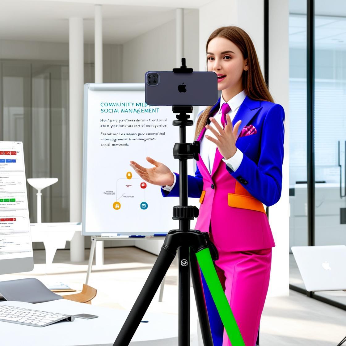 _un celular en un trípode ,  solo se vea parcialmente  una mujer joven ,de pelo largo, vestida formal con traje de colores y pelo castaño , dando un asesor para ñas redes sociales  parada frente a una pizarra , muy.jpg