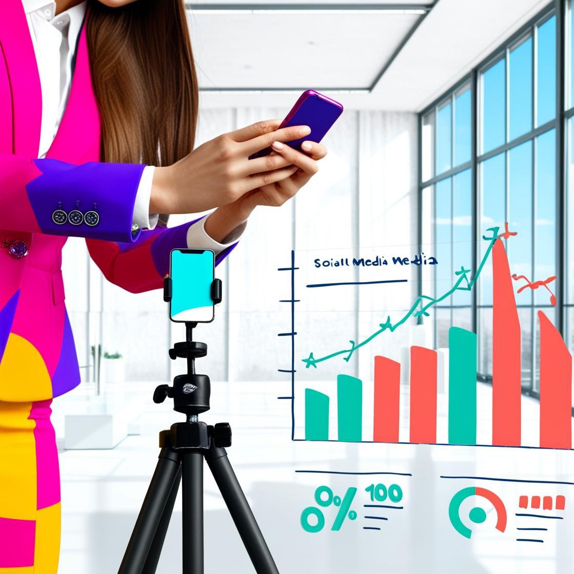 _un celular en un trípode ,  solo se vea parcialmente las manos de una mujer joven , de pelo largo, vestida formal con traje de colores y pelo castaño ella  ,  en una oficina elegante non una computadora un mac una.jpg