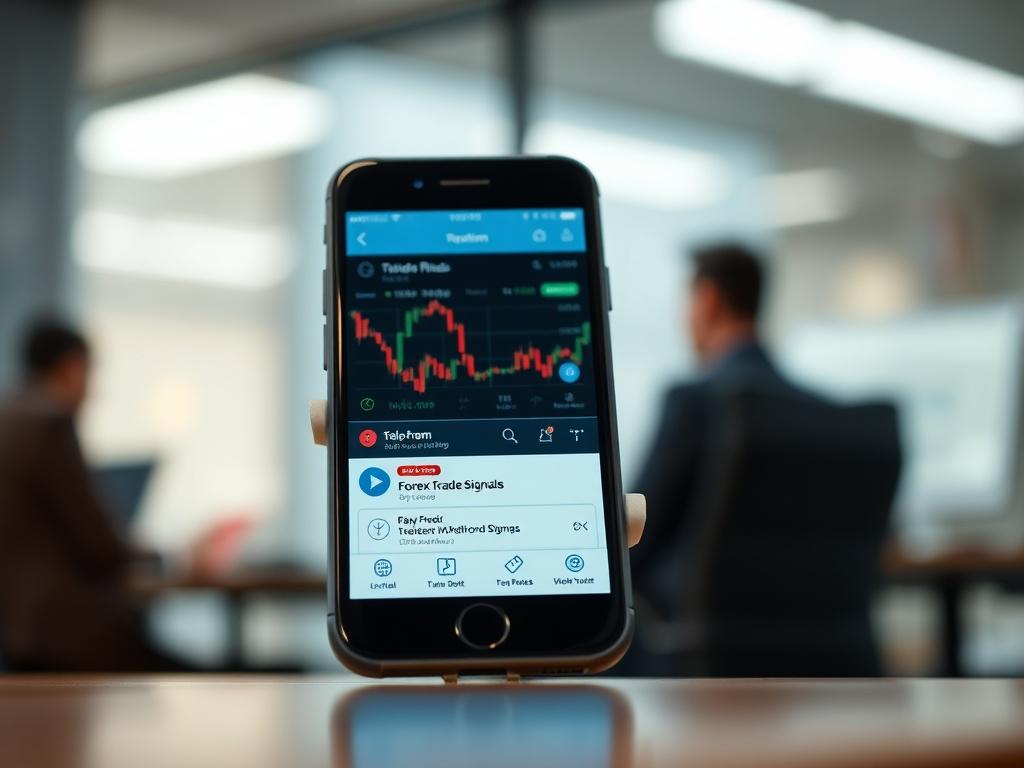 A close-up shot of a smartphone displaying forex trading signals on a Telegram app. The background should be a blurred office setting, emphasizing a professional trading environment. The phone screen should clearly showcase the Telegram interface with visible trading signals, while the focus remains on the phone and its content. The overall image should convey a sense of urgency and professionalism in forex trading.