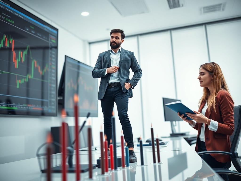 A man standing confidently on a set of trading candles, symbolizing success in forex trading, while engaging with a student who looks eager and attentive. The man is dressed in smart casual attire, exuding professionalism, and the student is taking notes, showcasing an active learning environment. The background is a clean, modern trading setup with charts and screens, emphasizing the focus on learning and trading success.