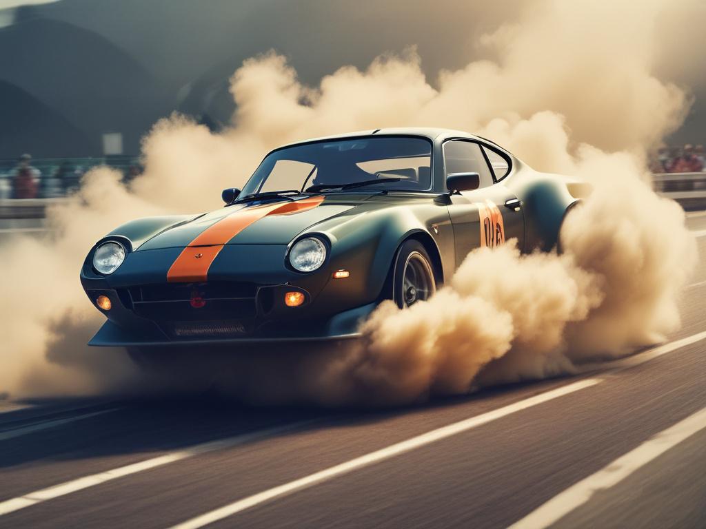 A stunning high-resolution image of a professional driver executing a perfect drift in a vibrant electric vehicle, surrounded by clouds of tire smoke and cheering spectators. The background should depict a smooth track with minimal distractions, focusing on the car's dynamic movement and the excitement of the drifting event.