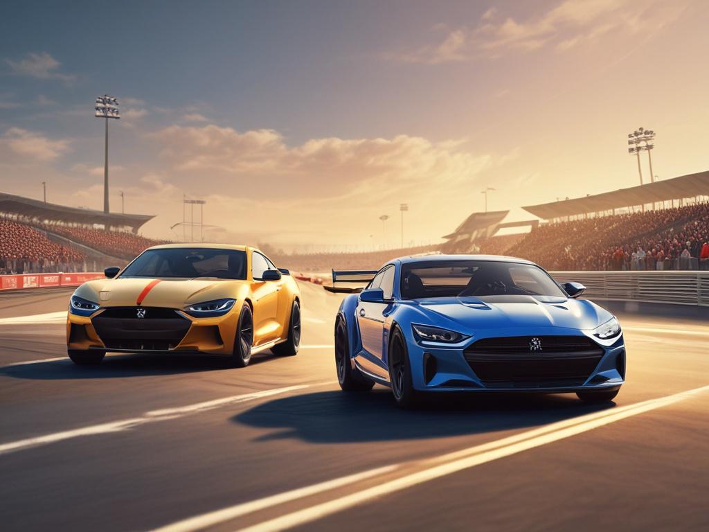 A vivid high-resolution image showcasing two powerful vehicles poised at the start line of an oval track drag race, engines roaring in anticipation. The background should highlight the track and enthusiastic crowd, capturing the excitement and energy of the event while maintaining a clean and simple composition.